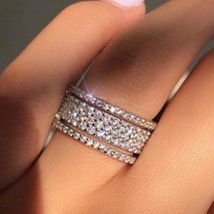 NEW 925 Sterling Silver Stacked Diamond Wide Ring